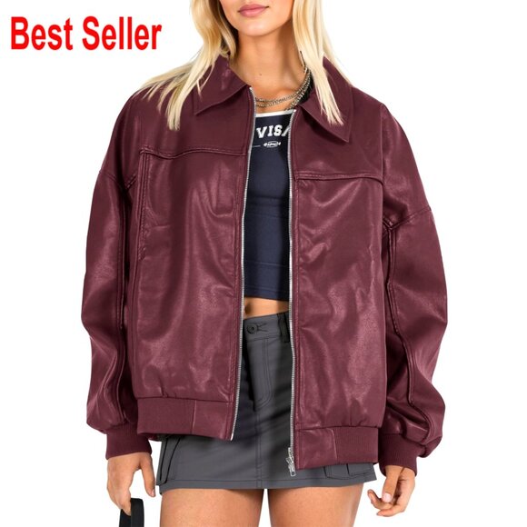 Jackets & Blazers - Oversized Faux Leather Bomber Jacket Zip Up Moto Biker Coat